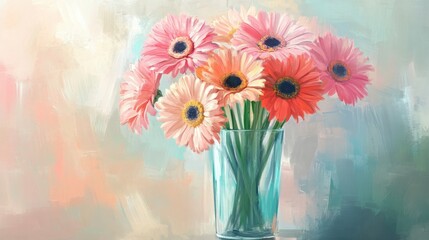 Wall Mural - A hand-drawn vase filled with pastel gerbera daisies brightens a serene interior space during a calm afternoon