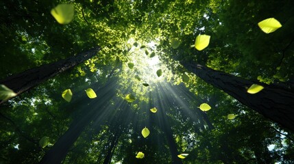 Poster - Sunbeams Through Forest Canopy with Falling Leaves   Nature Background