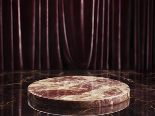 Poster - Elegant Marble Podium on Reflective Floor with Luxurious Velvet Backdrop for Premium Product Display or Presentation