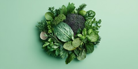 Green Leafy Vegetables Arrangement on Green Background    Healthy Food Concept