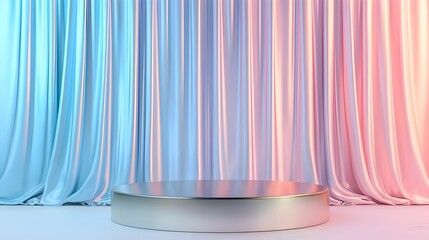 Poster - Smooth Metallic Circular Podium Against Elegant Pastel Curtain Backdrop for Product Display Concept
