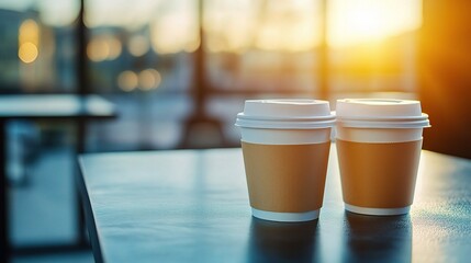 Warm Coffee Cups on Table at Sunrise