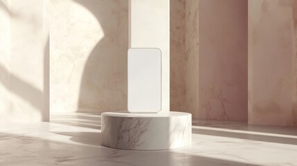 Fototapete - A sleek smartphone stands upright on a circular marble pedestal, surrounded by soft lighting and elegant marble walls. The design exudes a modern and chic aesthetic, ideal for showcasing technology.