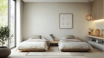 Wall Mural - Minimalist Twin Bed Bedroom with Large Window and Natural Light