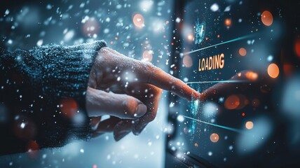 Poster - Close-up of a businessman's hand touching a digital screen with a progress bar loading, displaying the text 