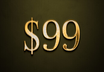 Old gold effect of 99 dollars with 3D glossy style Mockup.