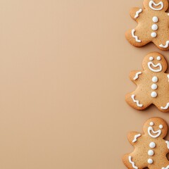 Gingerbread cookies with icing on beige background, festive holiday treat.