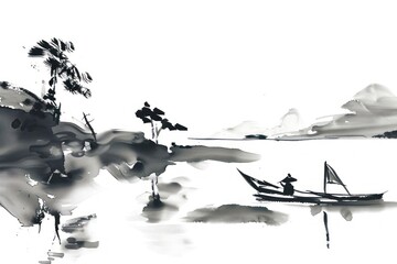 Canvas Print - Lake Japanese minimal painting art transportation.