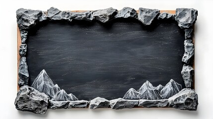 Poster - Blank Chalkboard Framed by Rough Stone Edges with Sketched Mountain Peaks for Adventurous Outdoor Feel