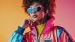 © Marco - beautiful woman in 80s and 90s clothes with headphones and colorful background