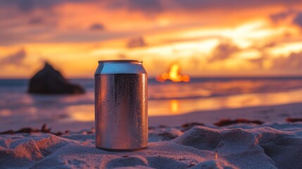 Poster - A sleek metallic can is positioned on the sandy beach as a colorful sunset paints the sky. Waves gently lap at the shore, creating a serene atmosphere with a distant fire glowing on the water.