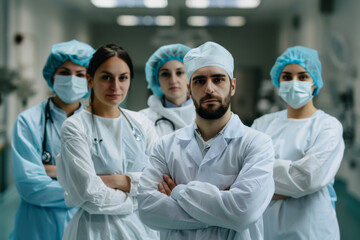 A diverse team of healthcare professionals in scrubs with a confident female leader at the forefront.