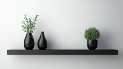 A wall shelf with a sleek, matte black finish and a minimalist design, isolated on a white background. features a minimalist display of two black vases on sleek black shelf against a plain white wal