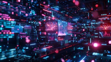 Poster - glowing neon lines, digital screens, and holographic projections create a futuristic control room en