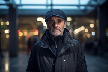 Portrait of an old man in a winter jacket with a hood in the city