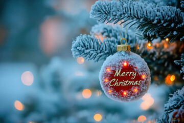 Christmas tree with red and gold baubles, twinkling lights and a star on top, surrounded by wrapped presents and cozy decorations.