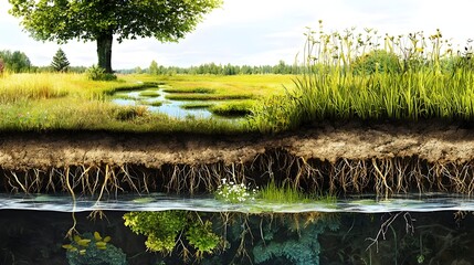 Wall Mural - cutaway view of constructed wetland filtering wastewater through natural processes
