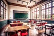 © Arnada - Bright Empty Classroom with Large Green Chalkboard for Urban Exploration Photography