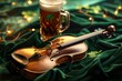 © spyrakot - St. Patrick's Day Card Design with Irish Fiddle, Stout, and Clover on Green Velvet