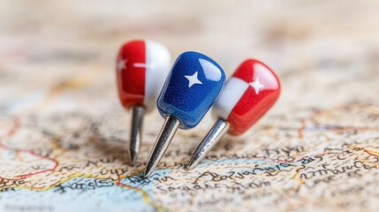 Poster - Travel Itinerary Map Pins  Red  White  and Blue Push Pins on Map  Destination Markers