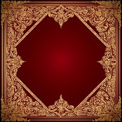 Poster - Symmetrical Thai Border Pattern with Intricate Golden Details on Dark Red Background
