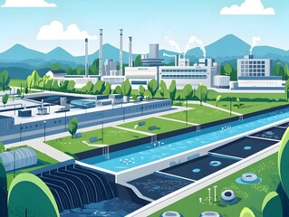 Sticker - Innovative Smart City s Water Cycle Showcasing Wastewater Treatment  Recycling  and Environmental