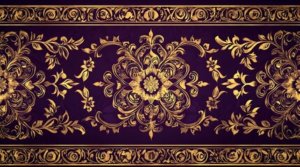 Poster - Regal Thai Pattern in Deep Purple and Gold with Symmetrical Floral Elements and Decorative Borders