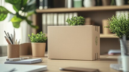 Poster - A well-organized workspace showcases a simple cardboard box on a wooden desk, flanked by potted plants. The bright room is filled with natural light and neat stationery, enhancing productivity.