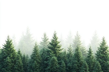 Aufkleber - Evergreen forest in morning, a peaceful morning scene of an evergreen forest, with soft light and dew-covered foliage, creating a serene atmosphere,