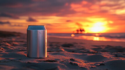 Poster - A metallic can sits on the sand, illuminated by the warm, golden light of the setting sun. In the distance, silhouettes of boats float on the calm sea, creating a serene atmosphere.