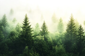Aufkleber - Evergreen forest in morning, a peaceful morning scene of an evergreen forest, with soft light and dew-covered foliage, creating a serene atmosphere,