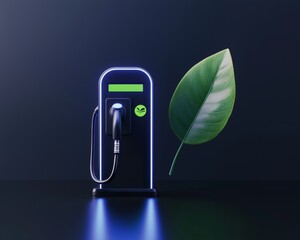 A futuristic gas pump icon with a digital mileage counter and a green, glowing leaf symbol, representing innovation in sustainable fuel technology.