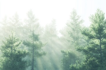 Aufkleber - Evergreen forest in morning, a peaceful morning scene of an evergreen forest, with soft light and dew-covered foliage, creating a serene atmosphere,