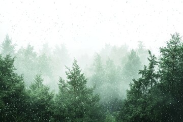 Aufkleber - Evergreen forest in rain, a serene and refreshing scene of an evergreen forest during rainfall, with water droplets on the leaves and a misty atmosphere,