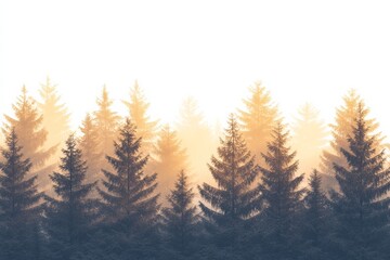 Aufkleber - Evergreen forest in sunrise, a beautiful and warm scene of an evergreen forest at sunrise, with golden light illuminating the trees,