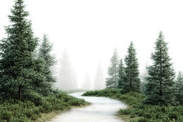 Poster - Evergreen forest path, a tranquil path winding through a dense evergreen forest, inviting exploration and peaceful walks,