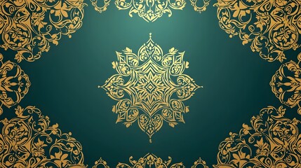 Poster - Luxurious Gold on Teal Thai Pattern with Intricate Geometric Motifs and Fine Detailing