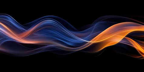 Poster - Abstract fluid shapes in orange and blue on black background, minimalist