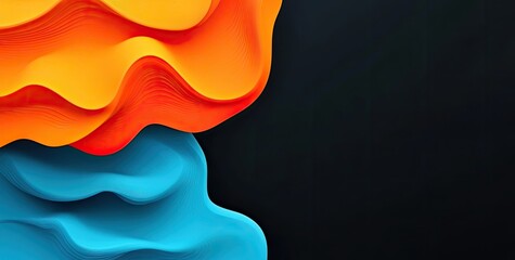 Poster - Abstract fluid shapes in orange and blue on black background, minimalist