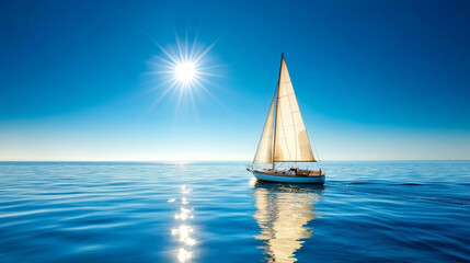 Sailboat with billowing white sail cruising on tranquil blue ocean under bright summer sun