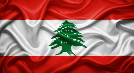 Waving Lebanese flag with cedar tree symbol against red and white stripes.