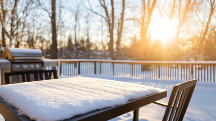 Wall Mural - winter sunset with fresh snow adorning an outdoor dining set on a residential deck