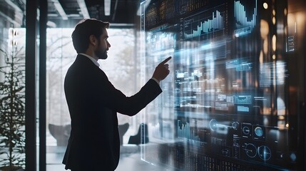 Poster - business executive managing holographic financial data and trends in sleek office