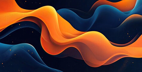 Poster - Abstract fluid shapes in orange and blue on black background, minimalist