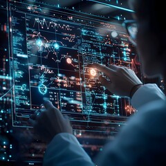 Poster - scientist controlling holographic periodic table with real time element data and analytics