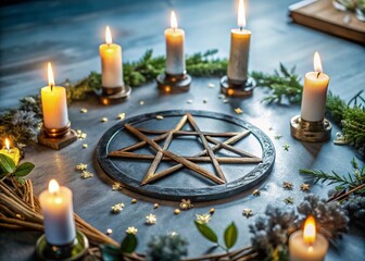 Closeup of Burning Pentacle on Dark Altar for Mystical Product Photography