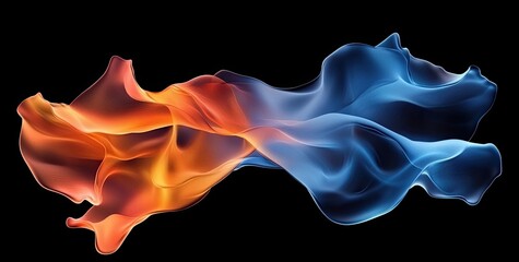 Poster - Abstract fluid shapes in orange and blue on black background, minimalist