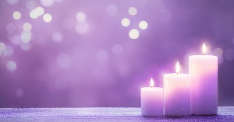 Wall Mural - Christmas or new years decoration concept, candles on wooden desk on blur bokeh background in purple hue