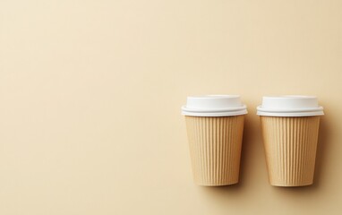 An overhead shot featuring two brown paper coffee cups topped with white plastic lids, elegantly positioned on a soft light beige background