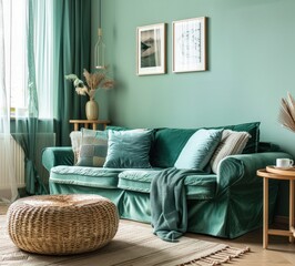 A modern living room with a green sofa. a wicker ottoman. and a rug There are two framed pictures on the wall. and a vase with dried plants on a side table